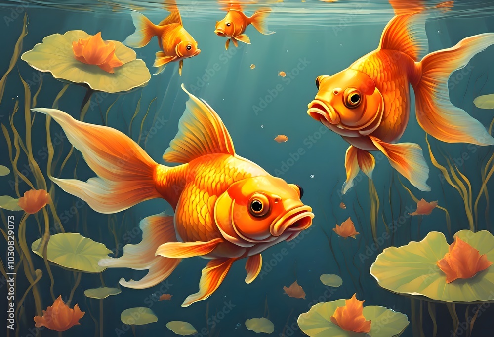 Vibrant goldfish swimming in an enchanting underwater scene with lily pads Vibrant goldfish swimming in an enchanting underwater scene with lily pads