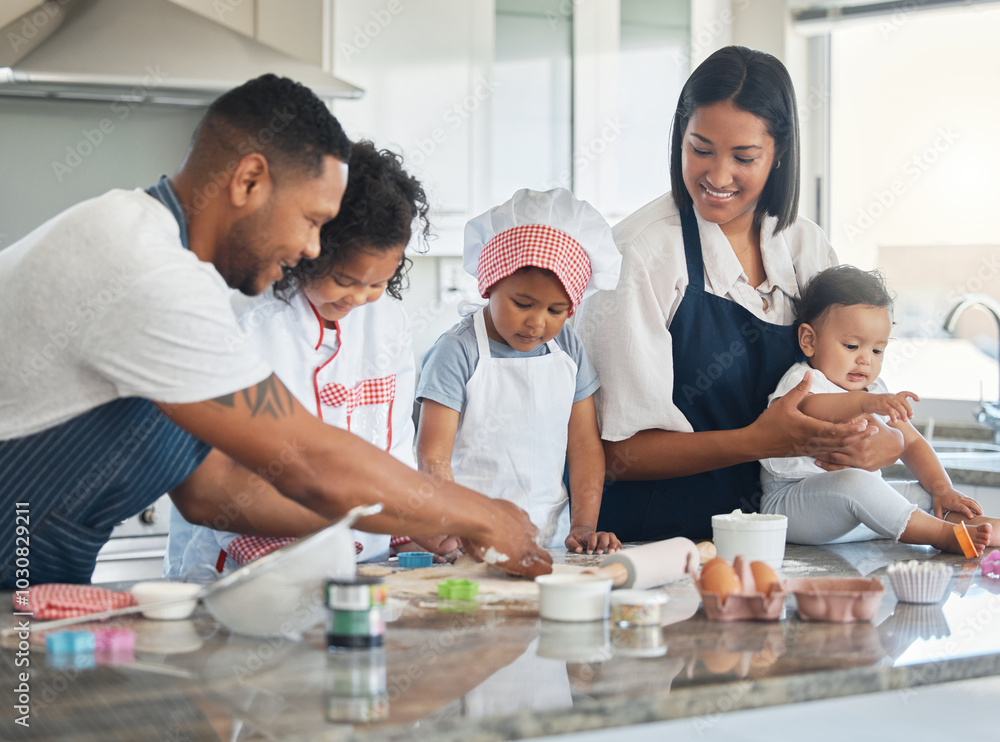 Happy family, kids and help with baking, teaching and shape flour in home kitchen. Mother, father and children learning cooking with dough for dessert, development or people prepare cookies together Happy family, kids and help with baking, teaching and shape flour in home kitchen. Mother, father and children learning cooking with dough for dessert, development or people prepare cookies together