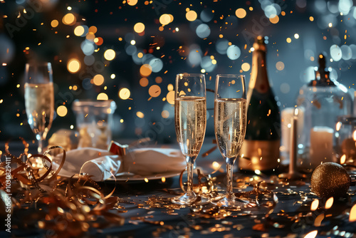 New years eve celebration background, champagne glasses on table with gold confetti and bokeh lights.