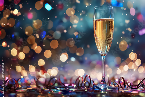 Glass of champagne on table with gold confetti and bokeh lights, New years eve celebration background.