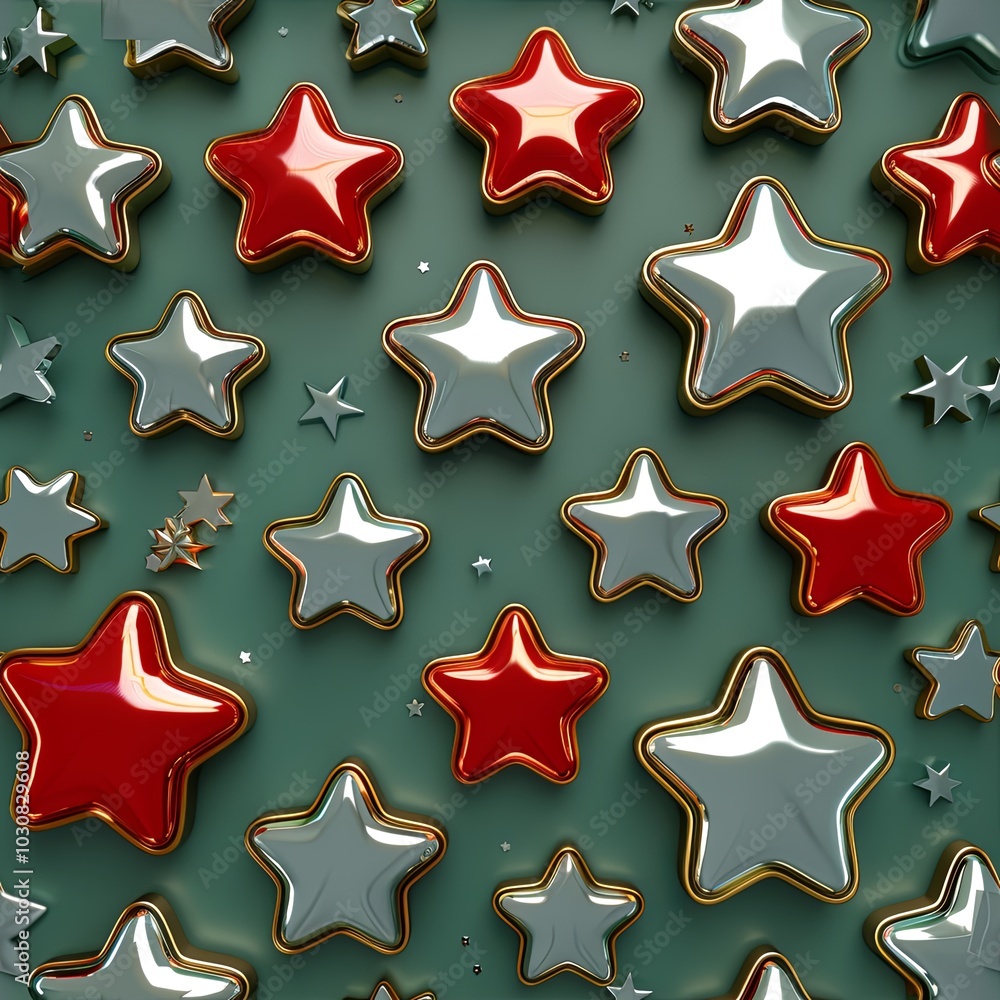 Vibrant display of red gold white stars baubles scattered across a green background for evoking holiday spirit. It is ideal for festive branding, packaging, Christmas themed promotions. Vibrant display of red gold white stars baubles scattered across a green background for evoking holiday spirit. It is ideal for festive branding, packaging, Christmas themed promotions.