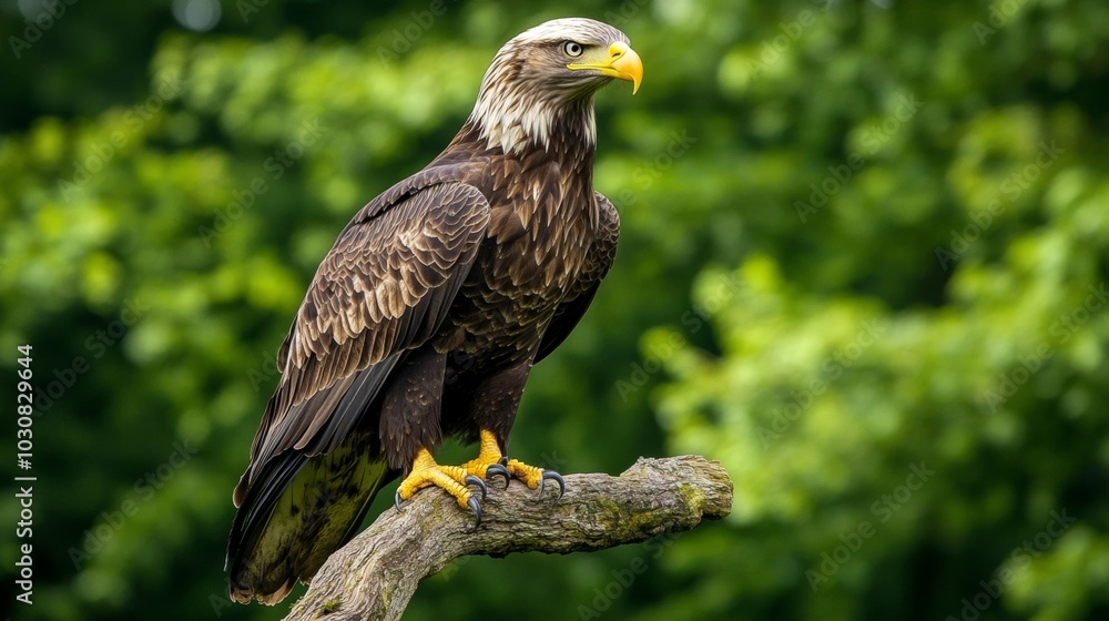 Obraz premium Majestic eagle perched on a branch, showcasing its stunning plumage in a lush green environment.