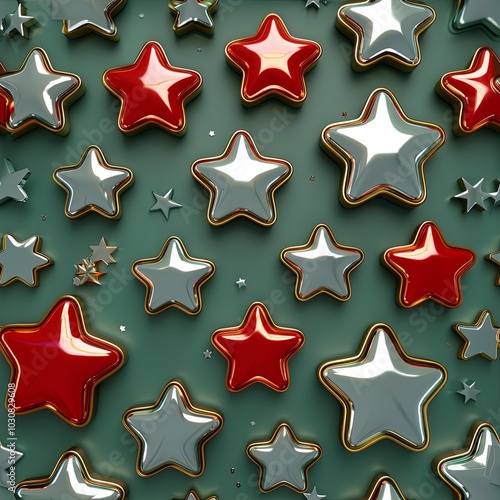 Vibrant display of red gold white stars baubles scattered across a green background for evoking holiday spirit. It is ideal for festive branding, packaging, Christmas themed promotions.