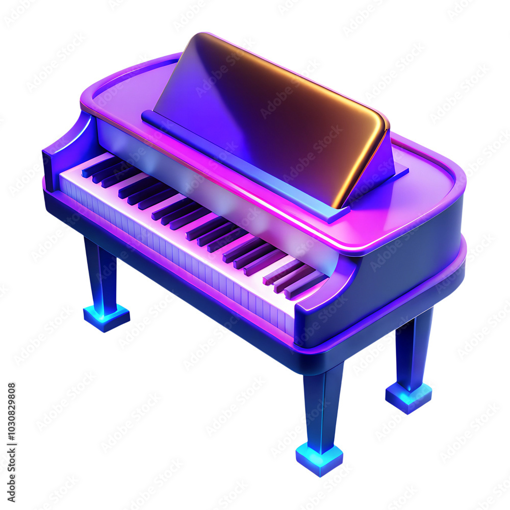 Neon piano 3d icon isolated on the transparent background