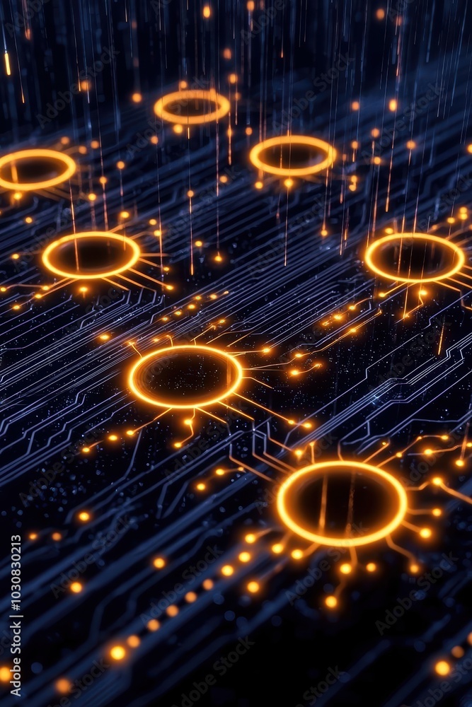 Fototapeta premium Abstract digital circuit with glowing nodes on a dark background.
