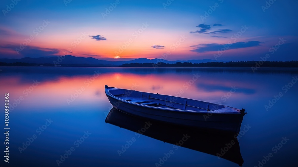 Serene Sunset Landscape with Rowboat on Still Lake Water Serene Sunset Landscape with Rowboat on Still Lake Water