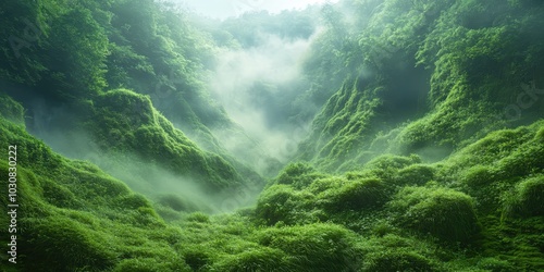 Lush Green Valley Landscape with Mist and Fog