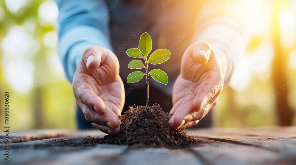 Fototapeta premium Nurturing young plant symbolizes hope and sustainability, showcasing importance of environmental care and growth