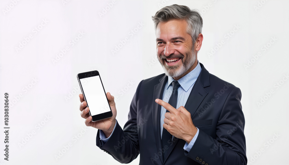 A confident businessman smiles while showcasing a blank smartphone screen, perfect for app promotions, marketing campaigns, or business presentations. For conveying innovation and professionalism A confident businessman smiles while showcasing a blank smartphone screen, perfect for app promotions, marketing campaigns, or business presentations. For conveying innovation and professionalism