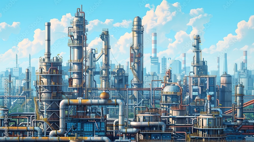 Industrial factory exterior with an intricate network of pipes and ducts, set against a backdrop of towering smokestacks and buildings. Oil refinery, chemical industry, detailed illustration. High Industrial factory exterior with an intricate network of pipes and ducts, set against a backdrop of towering smokestacks and buildings. Oil refinery, chemical industry, detailed illustration. High