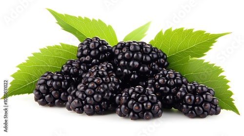 Close-up of fresh blackberries with leaves on a white background.