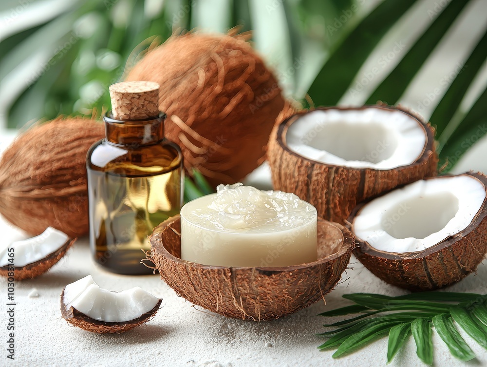 Coconut Oil Skincare Products with Palm Leaves and Coconuts Coconut Oil Skincare Products with Palm Leaves and Coconuts