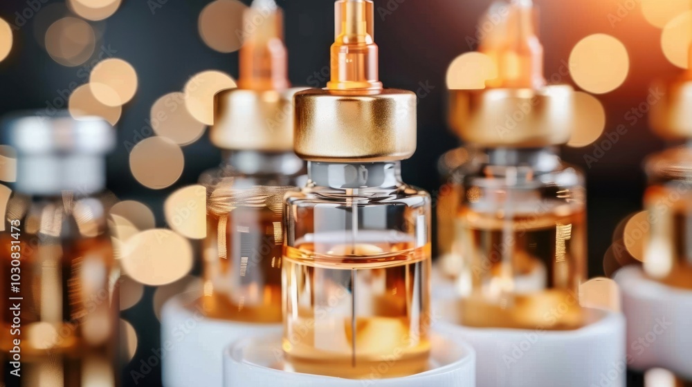 Close-up of Multiple Glass Bottles with Golden Caps and a Liquid Inside Close-up of Multiple Glass Bottles with Golden Caps and a Liquid Inside