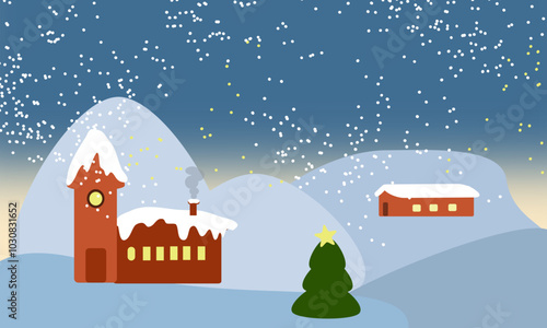 Paesaggio natalizio con nevicata