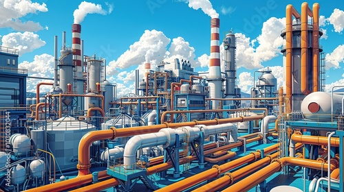 Illustration of an oil refinery's exterior, showcasing a maze of pipes and ducts against a backdrop of industrial buildings and smokestacks. Chemical plant, factory, industrial scene. High resolution