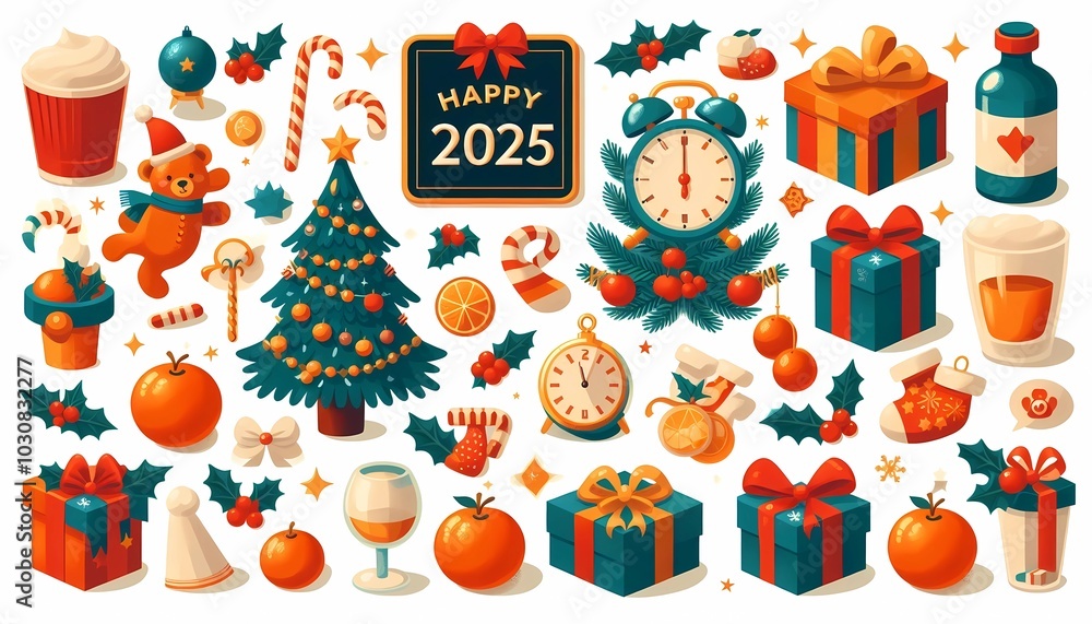 Fototapeta premium New Year 2025 poster with Christmas tree and New Year decorations, stickers for Christmas and New Year