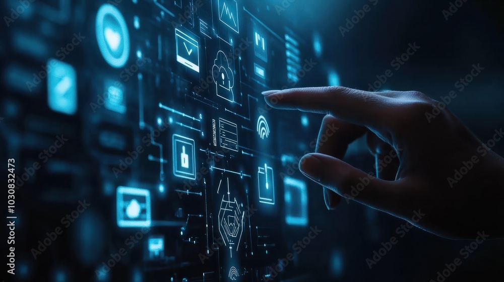 Hand touching a digital screen with icons of technology and online network connection, cloud storage, or security system on a dark blue background. Hand touching a digital screen with icons of technology and online network connection, cloud storage, or security system on a dark blue background.