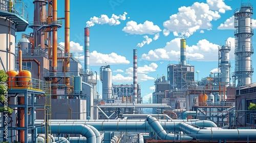 Exterior view of a chemical plant with a complex array of pipes and ducts, framed by industrial buildings and smokestacks. Illustration capturing the essence of industrial backgrounds. High