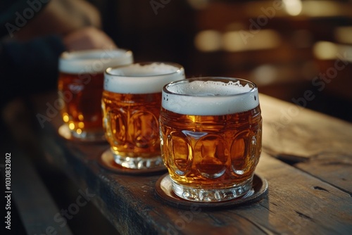 Row of beer glasses on wooden table