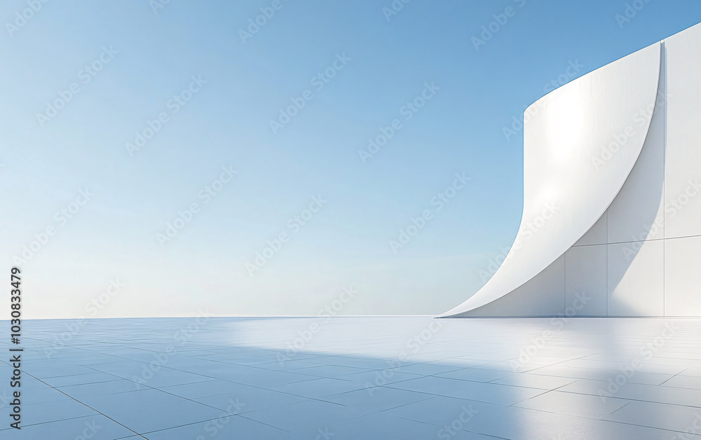 a white architectural structure with a curved, undulating surface, set against a clear blue sky. The structure appears modern and minimalist. a white architectural structure with a curved, undulating surface, set against a clear blue sky. The structure appears modern and minimalist.