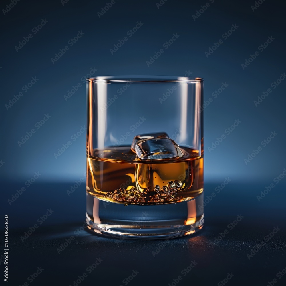Glass of Whiskey with Ice Cube on Blue Background Glass of Whiskey with Ice Cube on Blue Background
