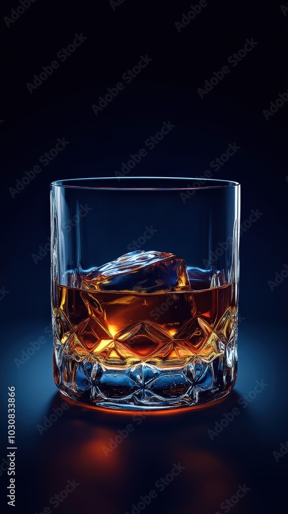 Whiskey on the Rocks in a Cut Glass Tumbler on Blue Background Whiskey on the Rocks in a Cut Glass Tumbler on Blue Background