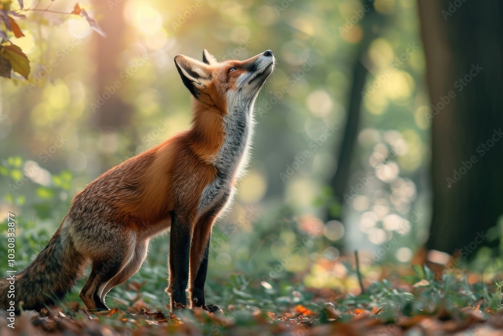 Fox in forest looking up Fox in forest looking up
