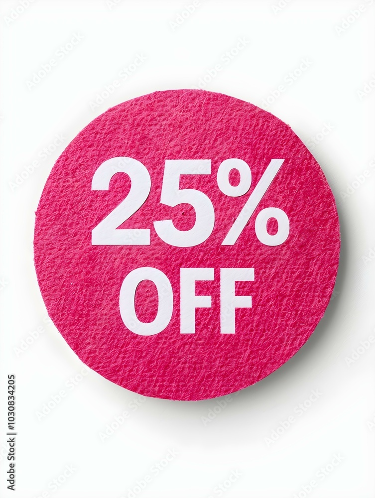 White '25% OFF' Text on a Hot Pink Round Paper Note. White Background White '25% OFF' Text on a Hot Pink Round Paper Note. White Background