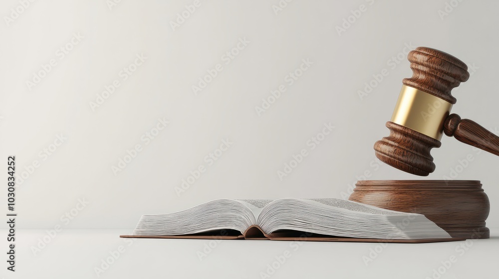 In a courtroom or law enforcement office there is an open law book placed on a table alongside a wooden judges gavel The scene is isolated on a white background with enough space for text In a courtroom or law enforcement office there is an open law book placed on a table alongside a wooden judges gavel The scene is isolated on a white background with enough space for text