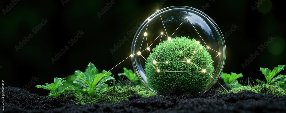 Eco-friendly globe with lush greenery on a dark background, showcasing nature.