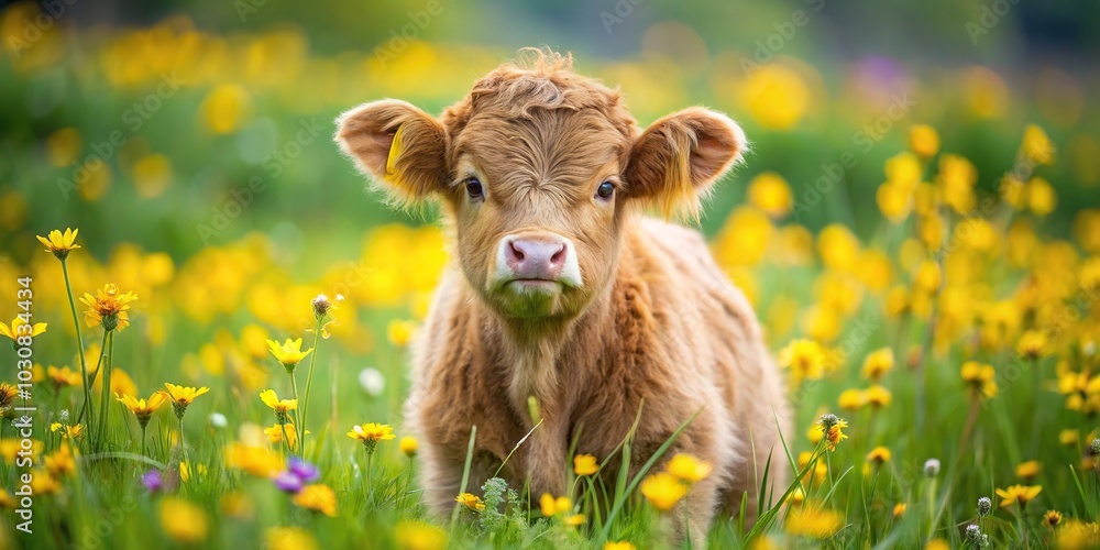 Highland cow calf grazing in meadow surrounded by vibrant spring flowers Highland cow calf grazing in meadow surrounded by vibrant spring flowers