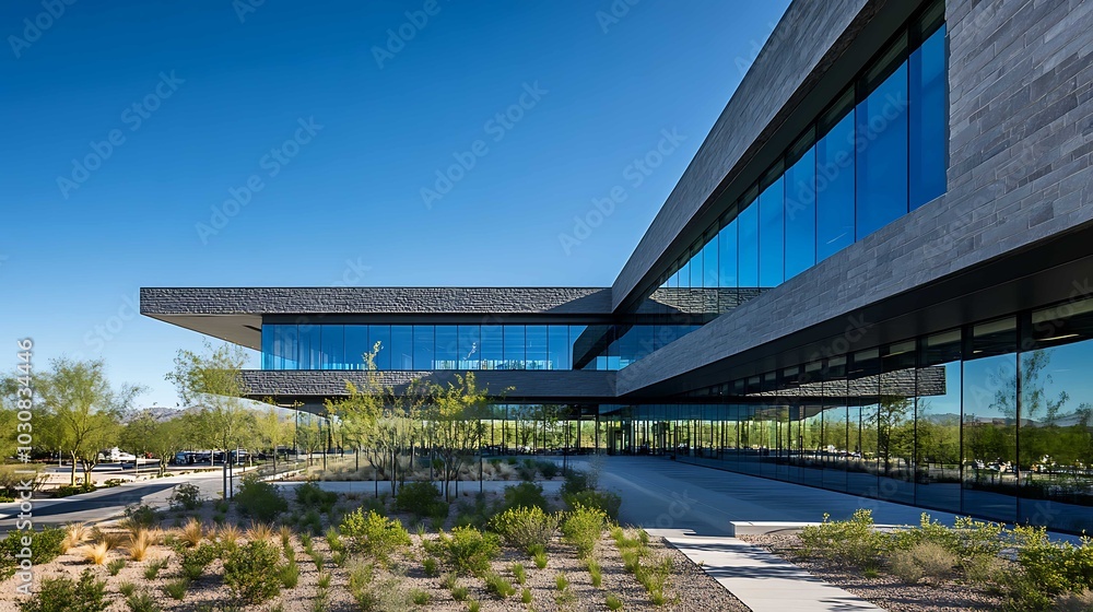 Exterior of modern office building with green grass and blue sky. Exterior of modern office building with green grass and blue sky.