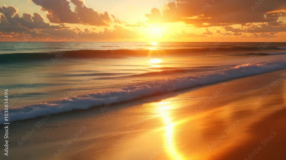 The sun sets over the ocean, casting a golden glow on the waves and the sandy beach The sun sets over the ocean, casting a golden glow on the waves and the sandy beach