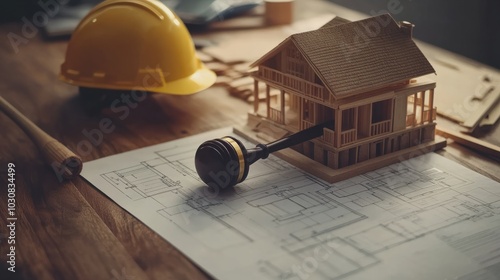 Labor and Construction law concept. judge gavel on building blueprint plans with a safety helmet and building model. Paper sheet with pen on wooden table. Agreement on construction law. home insuranc photo