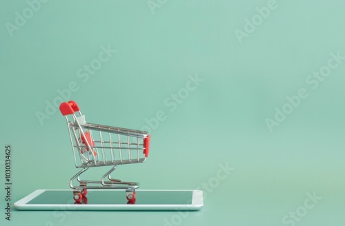 shopping cart, online shopping, digital commerce, tablet background, minimalistic design, modern retail concept, pastel colors, e commerce symbol, technology and shopping photo