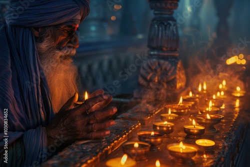 Sikh Elder Praying Amidst Candlelight in Gurdwara on Bandi Chhor Divas photo