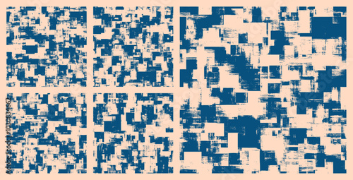 Hand Drawn Rough Blue Smears Seamless Patterns Vector Set Abstract Background. Contemporary Artwork Painting Endless Grungy Abstraction Clip Art Collection for Textile Print. Loopable Art Illustration