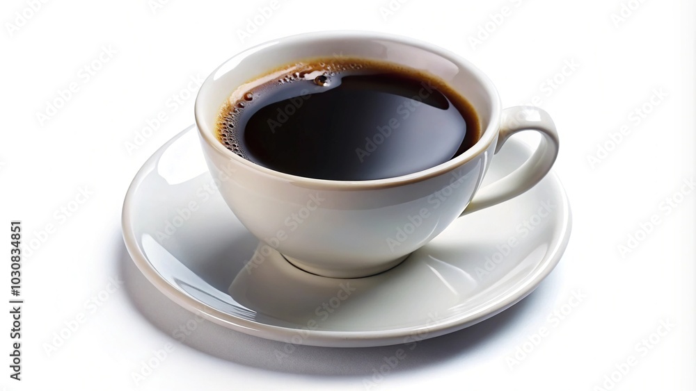 Hot black americano coffee in a white cup on saucer isolated on white background, backlighting Hot black americano coffee in a white cup on saucer isolated on white background, backlighting