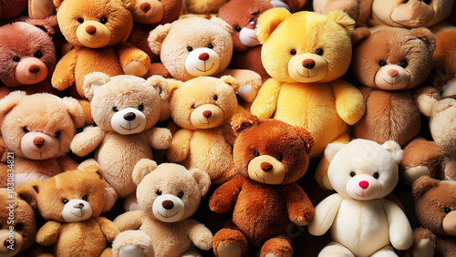 A large group of teddy bears toys as a background 