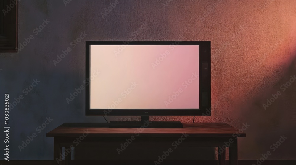 Fototapeta premium Living room interior with TV. Blank screen television on the table. Television put on tv stand wood table, in minimal empty space. Modern television in living room.