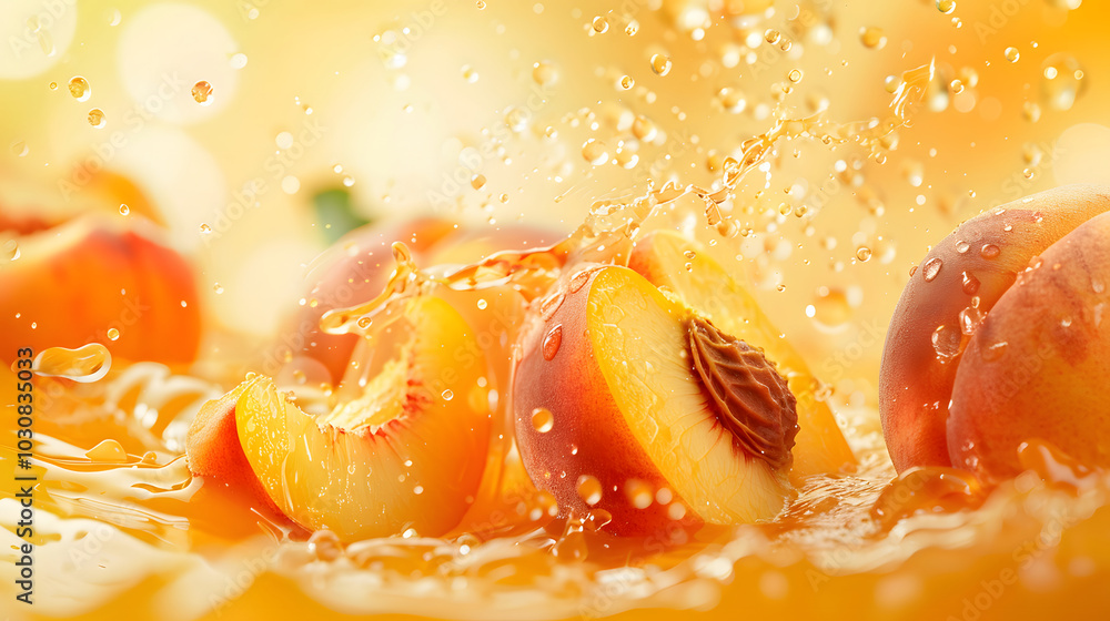 Juicy Peach Splash with Refreshing Liquid Droplets, Fresh Peach Slices in Motion with Liquid Splash Effect, Vibrant Peach Juice Explosion with Splashing Drops. Juicy Peach Splash with Refreshing Liquid Droplets, Fresh Peach Slices in Motion with Liquid Splash Effect, Vibrant Peach Juice Explosion with Splashing Drops.