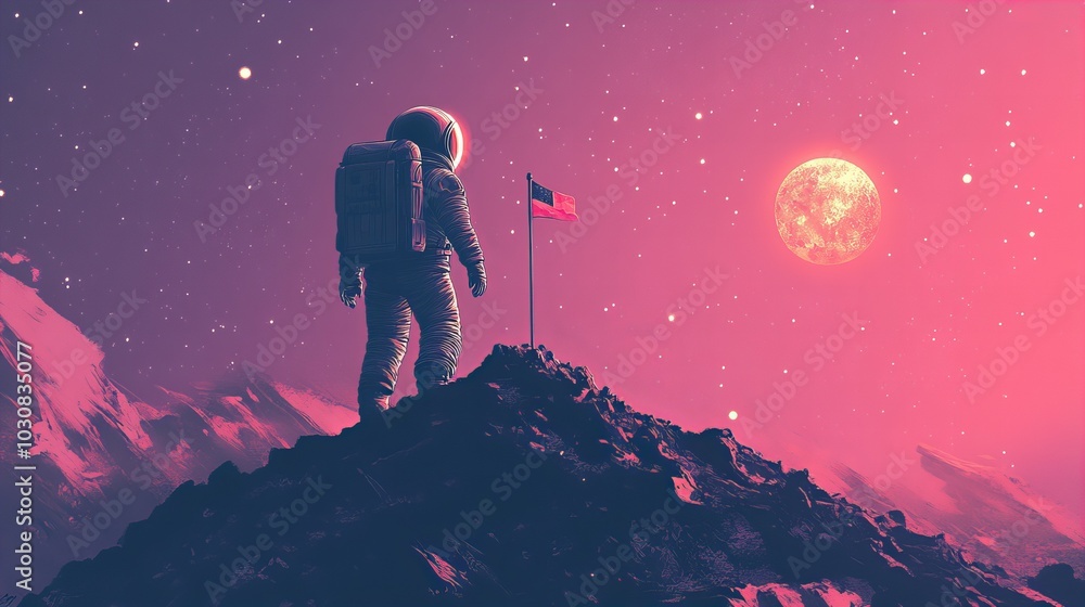 Obraz premium Astronaut standing on a distant planet with a flag with stars and alien landscape in the background new beautiful stock image illustration AI