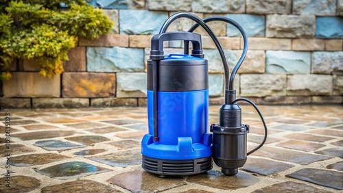 Household submersible pump with plastic housing on stone floor Asymmetrical