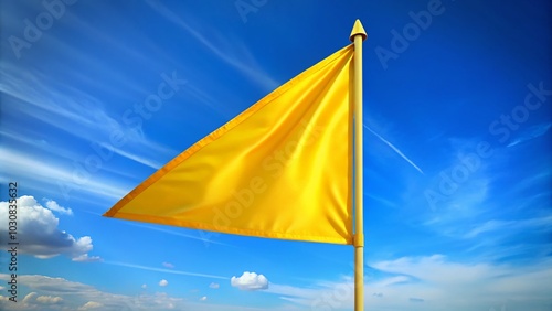 Bright Yellow Triangle Flag on a Clear Blue Sky Background, Symbolizing Caution and Attention in Various Contexts