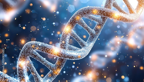 Glowing DNA strand with sparkling effects on a blue background.