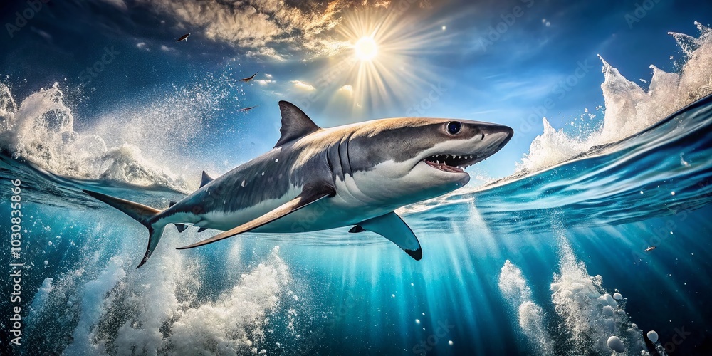 Realistic Shark in Action with Vibrant Water Splashes for Marine Life Photography Realistic Shark in Action with Vibrant Water Splashes for Marine Life Photography