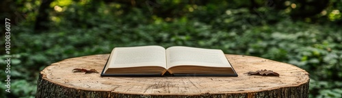 Open book on a wooden stump in a serene forest setting.