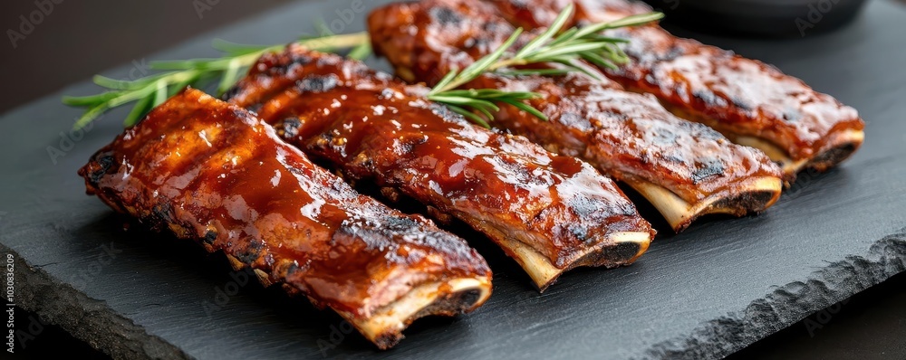 Close-up of tender, glazed BBQ ribs on a black slate plate. Close-up of tender, glazed BBQ ribs on a black slate plate.