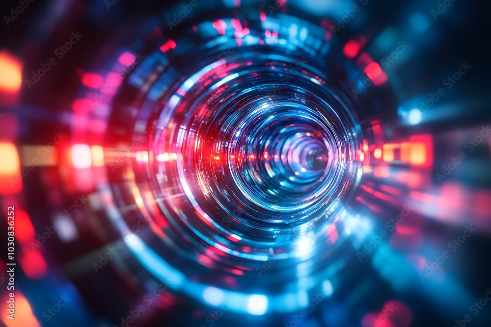 Blue and Red Light Tunnel with Sparkling Reflections Blue and Red Light Tunnel with Sparkling Reflections