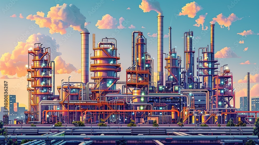 Detailed illustration of an oil refinery's exterior, showcasing a complex network of pipes and ducts, with industrial buildings and smokestacks in the backdrop. Factory, chemical industry. High Detailed illustration of an oil refinery's exterior, showcasing a complex network of pipes and ducts, with industrial buildings and smokestacks in the backdrop. Factory, chemical industry. High